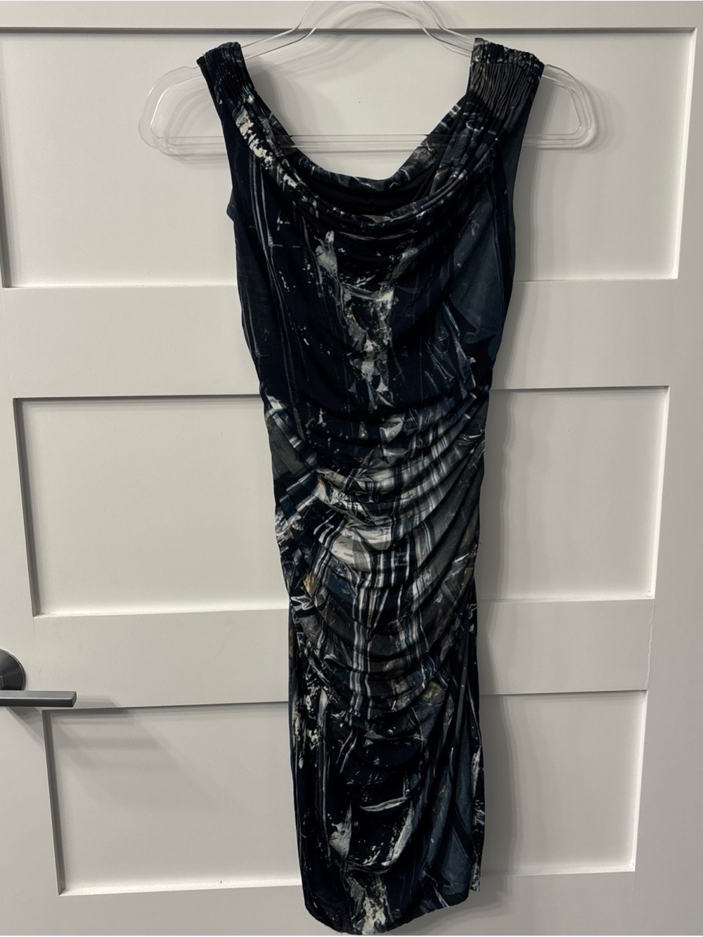 Helmut Lang Black & White Abstract Ruched Midi Dress